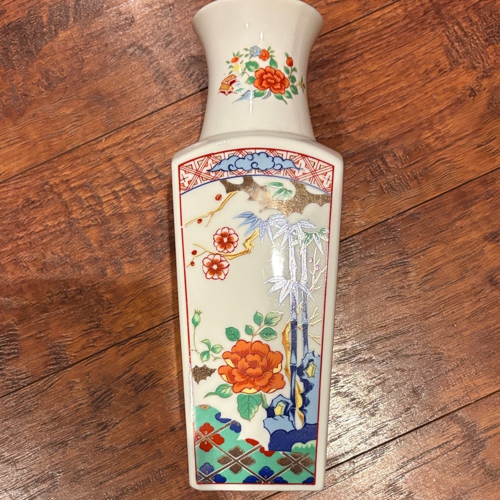 Floral Ceramic Vase with Red and Blue Accents